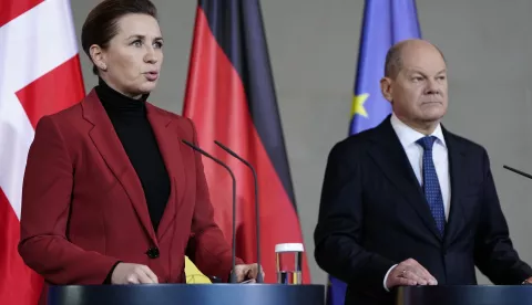 epa11857497 Danish Prime Minister Mette Frederiksen (L) and German Chancellor Olaf Scholz (R) attend a joint press conference in Berlin, Germany, 28 January 2025. EPA/MADS CLAUS RASMUSSEN DENMARK OUT