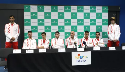 Osijek, 28. 01. 2025, Dvorana Gradski vrt. Davis Cup, press Hrvvatske reprezentacije. Mate Pavić, Dino Prižmić, Emanuel Ivanišević, Mili Poljićak, Velimir Zovko, Duje Ajduković, Nikola Mektić i Matej Dodig.snimio GOJKO MITIĆ