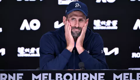 epa11848995 Novak Djokovic of Serbia talks to the media after retiring from his semifinal match against Alexander Zverev of Germany during the Australian Open at Melbourne Park in Melbourne, Australia 24 January 2025. EPA/JAMES ROSS AUSTRALIA AND NEW ZEALAND OUT