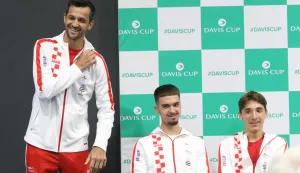 Osijek, 28. 01. 2025, Dvorana Gradski vrt. Davis Cup, press Hrvvatske reprezentacije. Mate Pavić, Dino Prižmić, Emanuel Ivanišević, Mili Poljićak, Velimir Zovko, Duje Ajduković, Nikola Mektić i Matej Dodig. Stoji Mate Pavićsnimio GOJKO MITIĆ