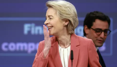 epa11860317 European Commission President Ursula von der Leyen (L) reacts next to Executive Vice-President for Prosperity and Industrial Strategy Stephane Sejourne during a press conference on the European Competitiveness Compass in Brussels, Belgium, 29 January 2025. EPA/OLIVIER HOSLET