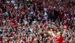 epa11843146 Denmark's Matthias Gidsel celebrates after scoring a goal during the IHF Men's Handball World Championship 2025 main round match between Denmark and Germany in Herning, Denmark, 21 January 2025. EPA/TIL BUERGY