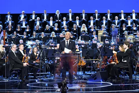 epa11804471 European Council President Antonio Costa (C) speaks during the official inauguration of Poland's six-month rotating presidency of Council of the European Union at the Teatr Wielki - Polish National Opera in Warsaw, Poland, 03 January 2025. Poland officially took over the six-month rotating presidency of the Council of the European Union from Hungary on 01 January. EPA/Radek Pietruszka POLAND OUT