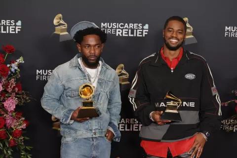 epa11871823 Kendrick Lamar (L), and Producer, Sounwave, winners for Record of the Year for "Not Like Us' by Kendrick Lamar, pose in the press room during the 67th annual Grammy Awards ceremony at Crypto.com Arena in Los Angeles, California, USA, 02 February 2025. EPA/ALLISON DINNER