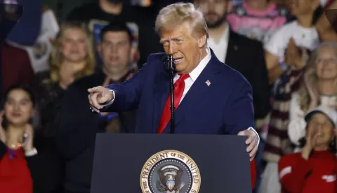 epa11853174 US President Donald J. Trump speaks at an event at the Circa Resort and Casino in Las Vegas, Nevada, USA, 25 January 2025. EPA/BIZUAYEHU TESFAYE