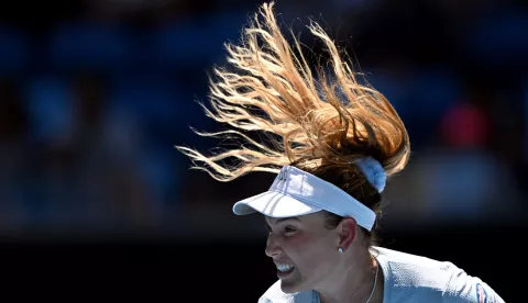 epaselect epa11829685 Donna Vekic of Croatia serves during her round three match against Diana Shnaider of Russia in the 2025 Australian Open tennis tournament in Melbourne, Australia, 17 January 2025. EPA/LUKAS COCH AUSTRALIA AND NEW ZEALAND OUT