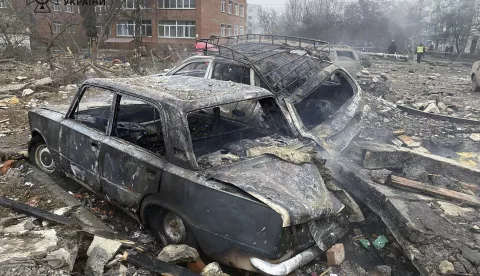 epa11867443 A handout picture made available by the State Emergency Service shows Ukrainian rescuers working at the site of a rocket strike on a residential building in Poltava, Ukraine, 01 February 2025 amid the ongoing Russian invasion. At least three people died and ten others, including a child, were injured as result of the shelling, according to the State Emergency Service report. EPA/STATE EMERGENCY SERVICE HANDOUT HANDOUT EDITORIAL USE ONLY/NO SALES