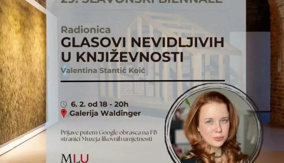 Finnisage izložbe 29. slavonski biennale trajat će cijelu veljaču uz popratni program radionica, predavanja i vodstava. Prva na programu je radionica pod vodstvom Valentine Stantić Koić, muzejske knjižničarke koja će se održati u četvrtak, 6. veljače. Radionica "Glasovi nevidljivih u književnosti" književni je i stvaralački odgovor na izložbu 29. slavonski biennale: Institut nevidljivog – prostori percepcije, s naglaskom na istraživanje glasova, priča i perspektiva koje su "nevidljive" u društvenom, povijesnom ili osobnom kontekstu.Radionica će se održati u Gradske Galerije Osijek od 18:00 – 20:00h.Broj sudionika je ograničen, a prijaviti se možete putem linka https://shorturl.at/ITkUN*Ulaz na sve programe i izložbu je slobodan.