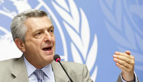 epa07010313 Italian Filippo Grandi, UN High Commissioner for Refugees, informs to the media about the UNHCR principals' joint mission to Afghanistan and Pakistan, during a press conference at the European headquarters of the United Nations in Geneva, Switzerland, 10 September 2018. EPA/SALVATORE DI NOLFI