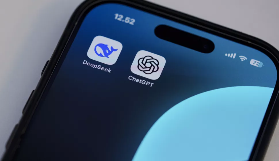 epa11880770 The Chinese app DeepSeek and ChatGPT applications on a mobile device, in Copenhagen, Denmark, 07 February 2025. Deepseek, is a Chinese artificial intelligence (AI) app that offers comparable performance at a fraction of the cost of its rivals. EPA/Liselotte Sabroe DENMARK OUT