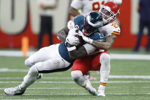 epa11885525 Kansas City Chiefs cornerback Trent McDuffie (R) tackles Philadelphia Eagles wide receiver A.J. Brown (L) during the second half of Super Bowl LIX between the Kansas City Chiefs and the Philadelphia Eagles at Caesars Superdome in New Orleans, Louisiana, USA, 09 February 2025. The Super Bowl is the annual championship game of the NFL between the AFC Champion and the NFC Champion and has been held every year since 1967. EPA/ERIK S. LESSER