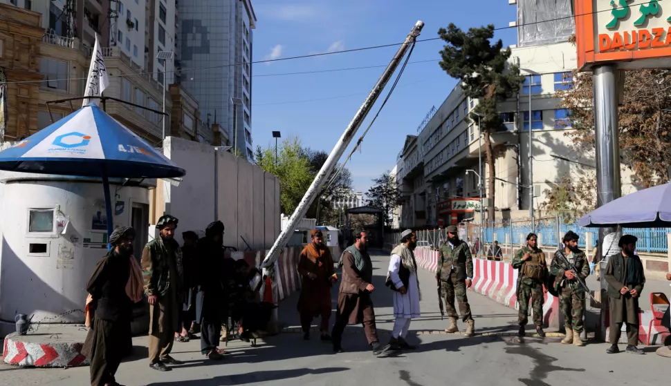 epa10545412 Taliban security personnel standing guard near the scene of a suicide bomb blast close to the Afghan ministry of foreign affairs in Kabul, Afghanistan, 27 March 2023. At least six people were killed and several injured when a suicide bomber, identified by the security forces at a checkpoint before reaching the target, detonated the explosives attached to his body, Kabul police spokesperson Kahlid Zadran said. EPA/SAMIULLAH POPAL