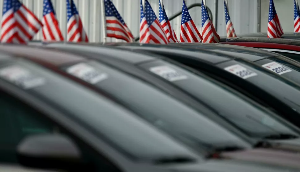 United States flags are set on used cars at a dealership in the Queens borough of New York City, NY, February 3, 2025. President Trump imposed 25% tariff on imports from Mexico and Canada due to take effect after midnight on February 2, but was reminded levies as both countries committed to enforcing control at their borders; Mexico agreed to send 10,00 troops and Canada invest $1.3b at the shared crossings. Canada is a large supplies of car parts. (Photo by Anthony Behar/SipaUSA) Photo: Anthony Behar/SIPA USA