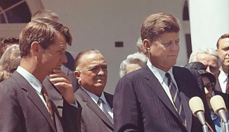 epa06291634 (FILE) - A file handout photo made available by the US Federal Bureau of Investigation (FBI) shows US President John F. Kennedy (R) with Attorney General Robert F. Kennedy (L), FBI Director J. Edgar Hoover (C) presenting the Young American Medals for Bravery in the Rose Garden at the White House in Washington, D.C., USA, 07 May 1963 (issued 26 October 2017). The classified files on the assassination of former US Pesident John F Kennedy will be on 26 October, US President Donald Trump announced on twitter on 25 October. The US Congress ruled in 1992 that all JFK documents be released within 25 years, unless the US President decides the release would damage national security. John F. Kennedy was shot dead in Dallas in 1963 by Lee Harvey Oswald. EPA/FBI HANDOUT HANDOUT EDITORIAL USE ONLY/NO SALES