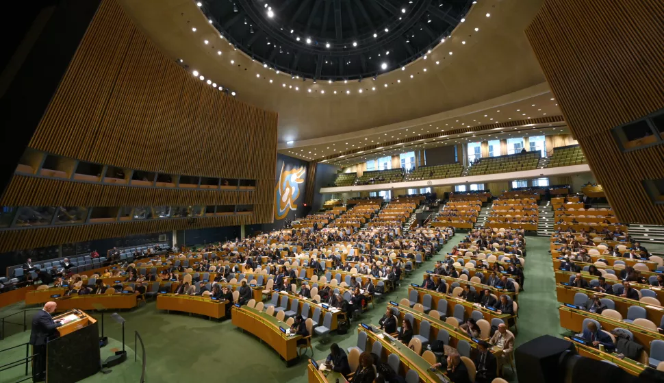 Vasily Nebenzya, Permanent Representative of Russia to the UN, speaks during a United Nations General Assembly meeting for a special session, the United Nations headquarters, NY, February 24, 2025. The General Assembly held an emergency meeting on the three-year anniversary of Russia?s full-scale invasion of Ukraine; the United Nations rejected US resolution urging and end the war in Ukraine which did not mention Russia's aggression. (Photo by Anthony Behar/Sipa USA) Photo: Anthony Behar/SIPA USA