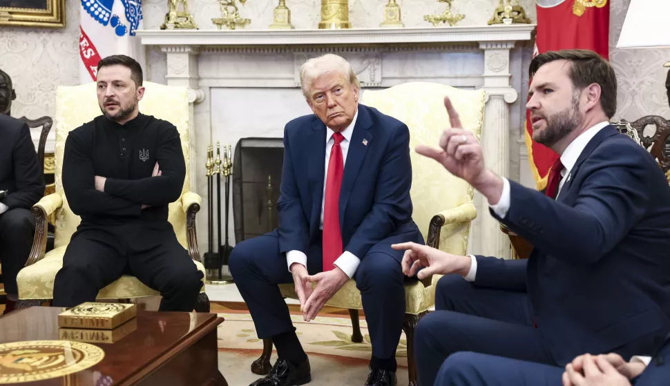epa11930774 US Vice President JD Vance (R) speaks during a meeting between US President Donald Trump (C) and Ukrainian President Volodymyr Zelensky (L) in the Oval Office of the White House in Washington, DC, USA, 28 February 2025. Zelensky is in Washington to sign the framework of a deal, pushed by President Trump, to share Ukraines's mineral wealth with the US. EPA/JIM LO SCALZO/POOL