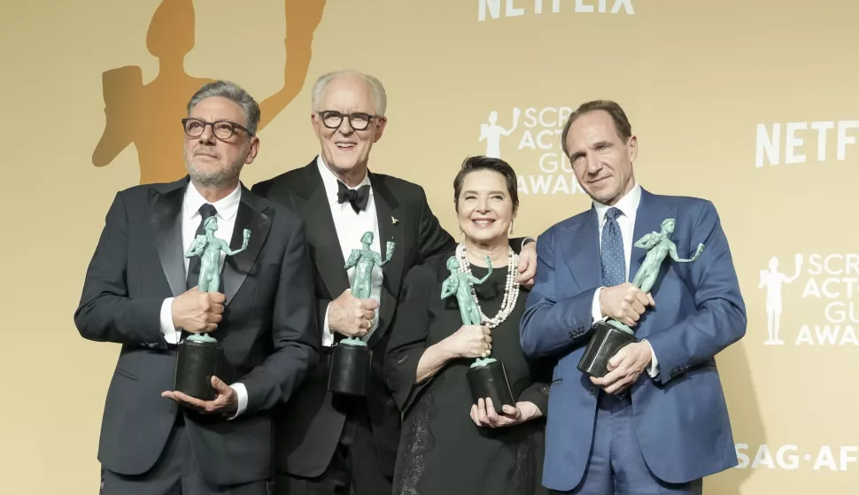 epa11920421 Actors (L-R) Sergio Castellitto, John Lithgow, Isabella Rossellini, and Ralph Fiennes in the press room after the cast from the movie 'Conclave' won the SAG award for 'Outstanding Performance by a Cast in a Motion Picture' during the 31st annual Screen Actor Guild Awards at the Shrine Auditorium in Los Angeles, California, USA, 23 February 2025. The annual SAG Awards presents 13 awards exclusively to actors in TV and film. EPA/ALLISON DINNER