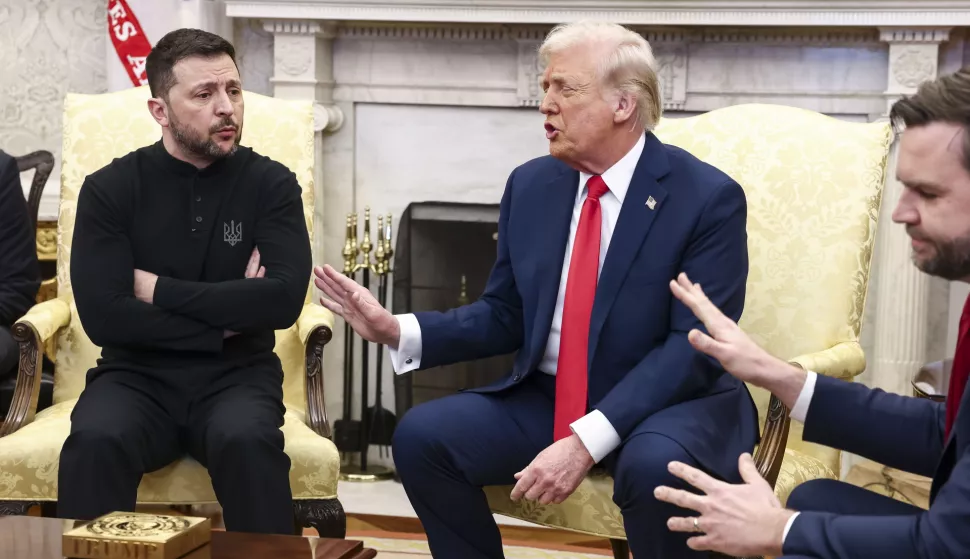 epaselect epa11930783 Ukrainian President Volodymyr Zelensky (L) talks with US President Donald Trump (C) and US Vice President JD Vance (R) in the Oval Office of the White House in Washington, DC, USA, 28 February 2025. Zelensky is in Washington to sign the framework of a deal, pushed by President Trump, to share Ukraines's mineral wealth with the US. EPA/JIM LO SCALZO/POOL