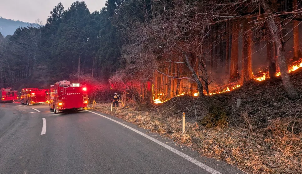 epa11937246 A handout photo made available on 03 March 2025 by the Fire and Disaster Management Agency shows firefighters battling a wildfire in Ofunato, Iwate prefecture, northeastern Japan, 02 March 2025 (issued 03 March 2025). The forest fire that began on 26 February in the coastal city of Ofunato, northeastern Japan, continues to spread bringing the total area burned to at least 2,100 hectares, according to the Iwate Prefectural Government. EPA/FIRE AND DISASTER MANAGEMENT AGENCY HANDOUT HANDOUT EDITORIAL USE ONLY/NO SALES