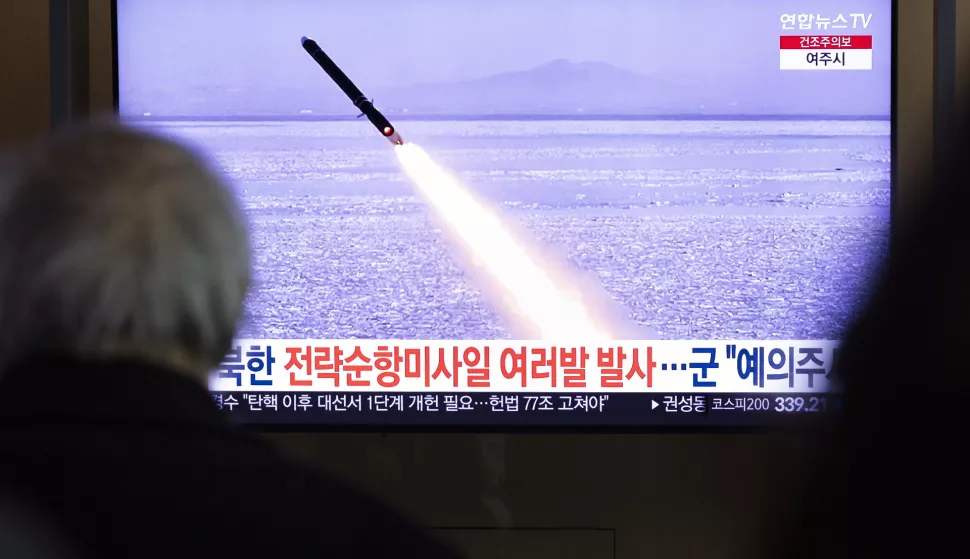 epa11929090 People watch a news segment on a recent North Korean missile launch, at a station in Seoul, South Korea, 28 February 2025. According to South Korea's Joint Chiefs of Staff (JCS), North Korea launched strategic cruise missiles into the West Sea on 26 February. EPA/JEON HEON-KYUN