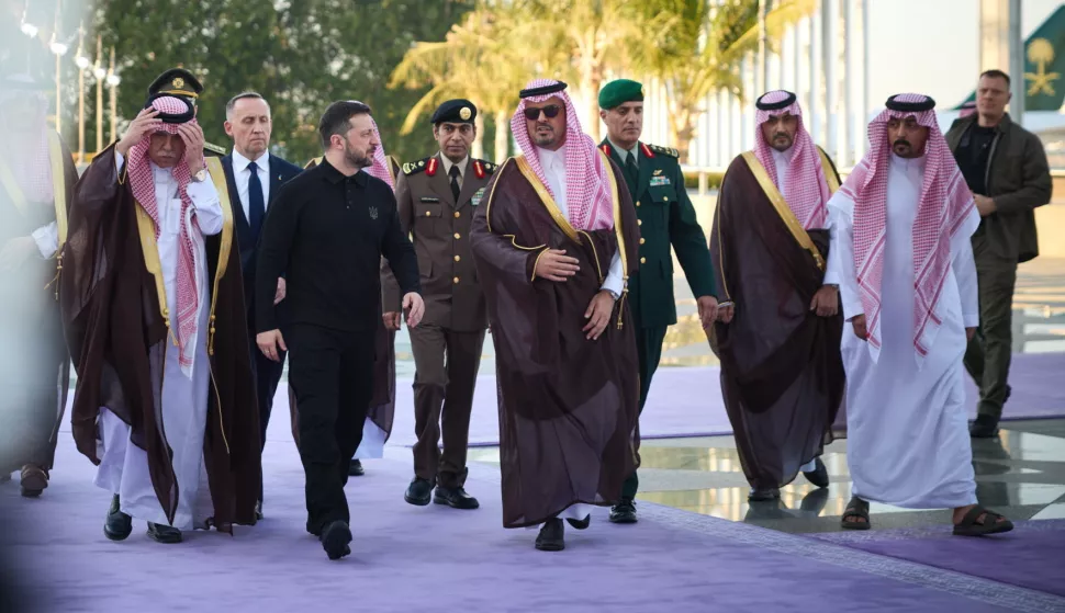 epa11954019 A handout photo made available by the Presidential Press Service shows Deputy Governor of Makkah Region Prince Saud bin Mishal bin Abdulaziz (C-R) welcoming Ukraine's President Volodymyr Zelensky (C-L) to Jeddah, Saudi Arabia, 1gr0 March 2025. EPA/Presidential Press Service HANDOUT HANDOUT EDITORIAL USE ONLY/NO SALES