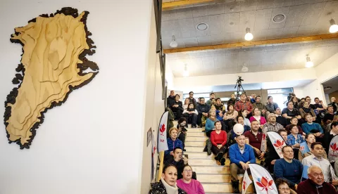 epaselect epa11950917 People attend the election debate at GUX in Nuuk, Greenland, 08 March 2025 (issued 09 March 2025). Elections for the Greenlandic parliament Inatsisartut will be held on March 11, 2025. EPA/Mads Claus Rasmussen DENMARK OUT