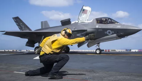 epa07086230 (FILE) - A handout file photo made available by the US Marine Corps on 11 October 2018 shows a US Navy officer launching an F-35B Lightning II from the US Navy Wasp-class amphibious assault ship USS Essex (LHD 2), at sea in the Gulf of Aden, 22 September 2018. The US military announced on 11 October 2018, it grounded its entire F-35 fighter jets fleet in the wake of a jet crash - its first crash of an F-35 aircraft - in South Carolina in September. The Pentagon will investigate a potential issue on faulty fuel tubes. The aircraft are the most expensive ever made. EPA/US MARINE CORPS/CPL. FRANCISCO J. DIAZ JR. HANDOUT HANDOUT EDITORIAL USE ONLY/NO SALES