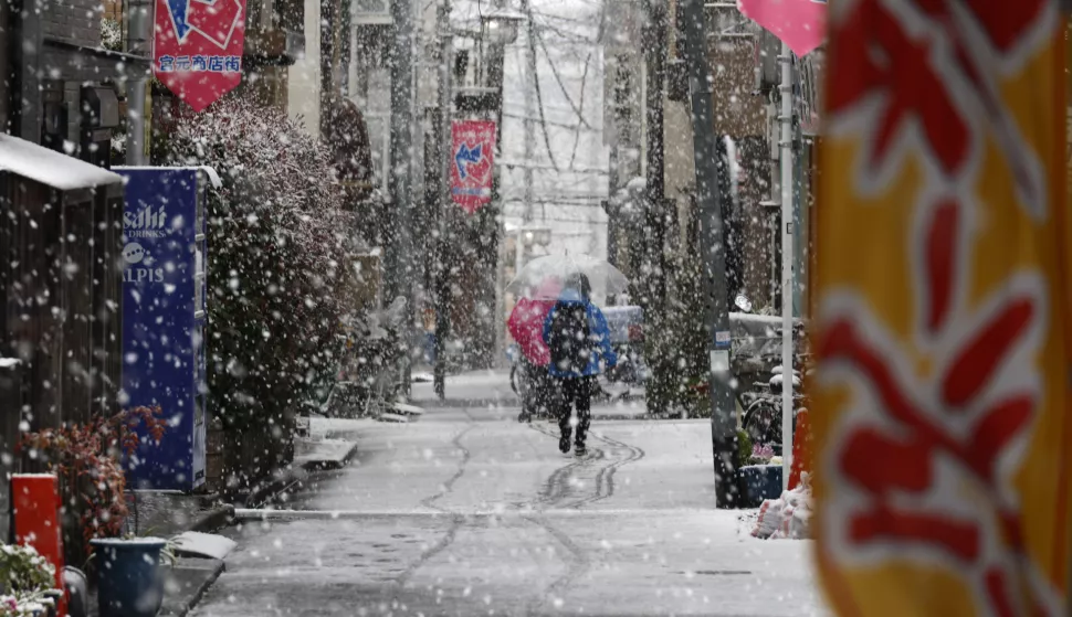 epa11973025 Pedestrians walk under snowfall in Tokyo, Japan, 19 March 2025. The Japan Meteorological Agency has urged caution regarding potential traffic disruptions due to accumulated snow and icy roads through the evening. EPA/FRANCK ROBICHON
