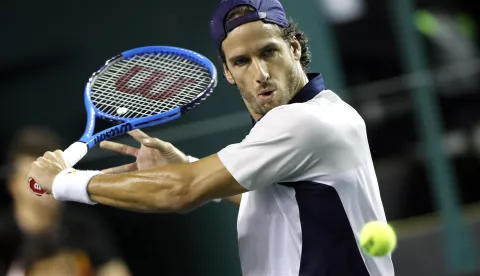 epa07129713 Feliciano Lopez of Spain in action during his first round match against Alex de Minaur (unseen) of Australia at the Rolex Paris Masters tennis tournament in Paris, France, 29 0ctober 2018. EPA/CHRISTOPHE PETIT TESSON