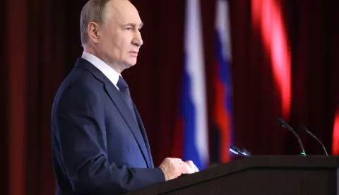 epa11942154 Russian President Vladimir Putin attends an annual extended meeting of the Interior Ministry Board in Moscow, Russia, 05 March 2025. Vladimir Putin instructed law enforcement agencies to strengthen their work on anti-terrorist protection of social and transport infrastructure facilities. EPA/MIKHAIL METZEL/SPUTNIK/KREMLIN/POOL MANDATORY CREDIT