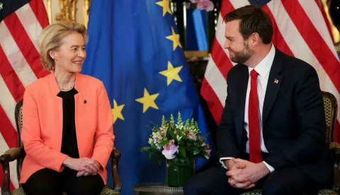 U.S. Vice President JD Vance attends a bilateral meeting with European Commission President Ursula von der Leyen and EU High Representative for Foreign Affairs and Security Policy Kaja Kallas at the residence of the U.S. Ambassador in Paris, France, February 11, 2025. REUTERS/Leah Millis Photo: LEAH MILLIS/REUTERS