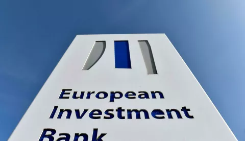FILE PHOTO: The logo of the European Investment Bank is pictured in the city of Luxembourg, Luxembourg, March 25, 2017. Reuters/Eric Vidal/File Photo Photo: ERIC VIDAL/REUTERS