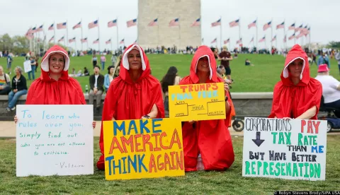 Hundreds of Thousands of demonstrators protested against Donald Trump and Elon Musk in Washington, DC, on April 5, 2025. ?The flagship protest was held across the nation, with thousands of activists rallying for democracy and against unconstitutional?actions by the Trump Administration.   (Photo by Robyn Stevens Brody/Sipa USA) Photo: Robyn Stevens Brody/SIPA USA