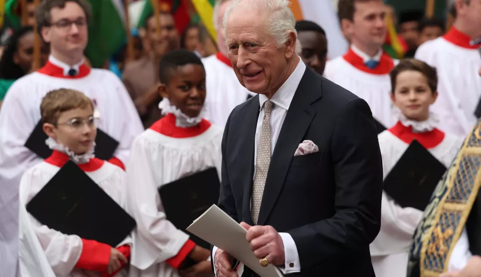 epa11953977 Britain's King Charles III departs the Commonwealth Service at Westminster Abbey in London, 10 March 2025. Commonwealth Day is an annual celebration observed by people all over the Commonwealth. The theme for Commonwealth Day 2025 is 'Together We Thrive'. EPA/NEIL HALL