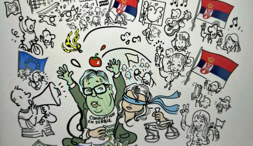 Beograd, 15.03.2025. - Francuski karikaturist Plantu podržao je studentske proteste u Srbiji svojom karikaturom. Deseci tisuća ljudi su, unatoč kiši, zaposjeli središnje ulice Beograda sudjelujući u protuvladinom prosvjedu "15. za 15." na koji je cijelu Srbiju pozvao studentski pokret, ali mnogi nisu uspjeli stići na početak prosvjeda u 16 sati jer je vlast na više načina opstruirala skup. Mnoštvo se okupilo ispred Skupštine Srbije, uz koju su od prijepodneva raspoređene jake policijske snage s opremom za razbijanje demonstracija, a policijskim kordonima okruženo je i službeno sjedište predsjednika Republike. Val prosvjeda u Srbiji potaknut je padom nadstrešnice na željezničkom kolodvoru 1. studenog prošle godine kada je poginulo 15 ljudi, a preuzeo ih je studentski pokret koji zahtijeva političku i kaznenu odgovornost vlasti, borbu protiv korupcije, učinkovit rad institucija bez političkog utjecaja, uređeno i pravedno društvo. foto HINA/ BETAPHOTO/Radomir Diklic/ ml