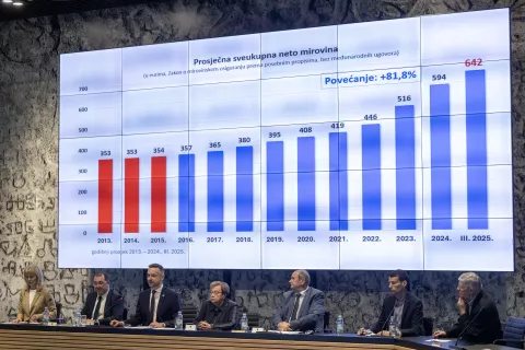 Zagreb, 9.4.2025 - Ministarstvo rada, mirovinskoga sustava, obitelji i socijalne politike predstavilo je ključne mjere novog Zakona o mirovinskom osiguranju. Mjere u okviru novog Zakona predstavio je ministar rada, mirovinskoga sustava, obitelji i socijalne politike Marin Piletić. Na slici MArin Piletić, Višnja Fortuna i Veselko Gabričević.Foto Hina/ Dario GRZELJ/ dag