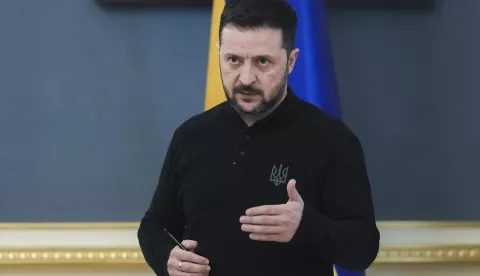 epa11995426 Ukrainian President Volodymyr Zelensky addresses a press conference in Kyiv, Ukraine, 28 March 2025. Zelensky informed journalists about the key topics of the 'Coalition of the Willing' summit on peace and security for Ukraine, which was held in Paris. EPA/STRINGER