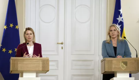 epa12018736 Zeljka Cvijanovic (R), a member of the tripartite Presidency of Bosnia and Herzegovina, and EU High Representative for Foreign Affairs and Security Policy Kaja Kallas (L), following their meeting in Sarajevo, Bosnia and Herzegovina, 08 April 2025. European Union's top diplomat Kaja Kallas is on an official visit to Bosnia and Herzegovina. EPA/AMER KAJMOVIC BOSNIA AND HERZEGOVINA OUT