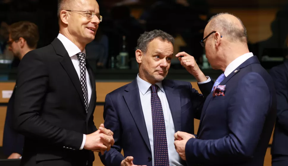 epa12031023 Hungary's Foreign Minister Peter Szijjarto, Dutch Foreign Minister Caspar Veldkamp, and Croatia's Foreign Minister Gordan Grlic Radman attend a European Foreign Affairs Council in Luxembourg City, Luxembourg, 14 April 2025. EU Foreign Affairs Ministers will discuss, among other topics, the Russian aggression against Ukraine and the latest developments in the Middle East and the wider region, also touching on the situation in Syria. EPA/OLIVIER HOSLET