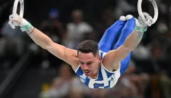 (240804) -- PARIS, Aug. 4, 2024 (Xinhua) -- Eleftherios Petrounias of Greece competes during the men's rings final of artistic gymnastics at the Paris 2024 Olympic Games in Paris, France, Aug. 4, 2024. (Xinhua/Cheng Min) Photo: Cheng Min/XINHUA