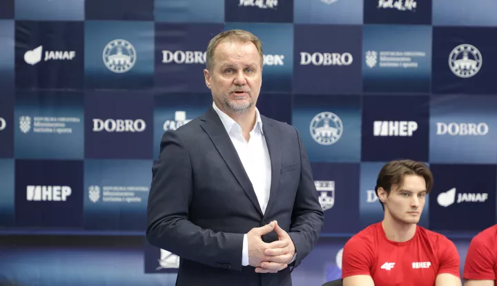 Osijek, 09. 04. 2025., Velika dvorana Gradski vrt, press konferencija, konferencija za medije, Hrvatska gimnastička reprezentacija, predstavnici Hrvatske, natjecatelji, DOBRO WORLD CUP, Vladimir Mađarević - direktor natjecanjaSNIMIO BRUNO JOBST