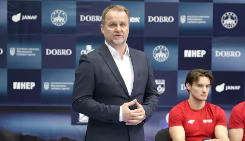 Osijek, 09. 04. 2025., Velika dvorana Gradski vrt, press konferencija, konferencija za medije, Hrvatska gimnastička reprezentacija, predstavnici Hrvatske, natjecatelji, DOBRO WORLD CUP, Vladimir Mađarević - direktor natjecanjaSNIMIO BRUNO JOBST