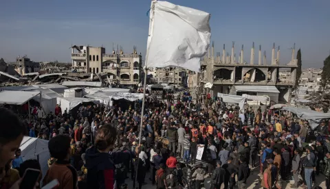 epa11989721 Palestinians chant anti-Hamas slogans as they gather among the rubble of destroyed buildings to demand an end to the ongoing Israel-Hamas war, in Beit Lahia, northern Gaza Strip, 26 March 2025. More than 50,000 Palestinians and over 1,400 Israelis have been killed, according to the Palestinian Health Ministry and the Israel Defense Forces (IDF), since Hamas militants launched an attack against Israel from the Gaza Strip on 07 October 2023, and the Israeli operations in Gaza and the West Bank which followed it. EPA/HAITHAM IMAD