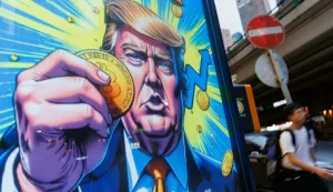 People walks past an advertisement feature Donald Trump with Bitcoin in Hong Kong on Sunday, April 6, 2025. Photo/May JamesU.S. reciprocal tariffs sent shockwaves to global financial markets, with cryptocurrencies also experiencing declines. Bitcoin, the world's largest cryptocurrency by market value, fell more than 5% to ,892.92 at 1855 GMT on Sunday (Photo by May James/SOPA Images/Sipa USA) Photo: SOPA Images/SIPA USA