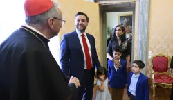 epa12040453 A handout picture provided by Vatican Media shows the Vatican's Secretary of State, Cardinal Pietro Parolin (L), welcoming US Vice President JD Vance (C), his wife Usha Vance (R), and their children during their meeting in the Vatican, 19 April 2025. EPA/VATICAN MEDIA HANDOUT HANDOUT EDITORIAL USE ONLY/NO SALES