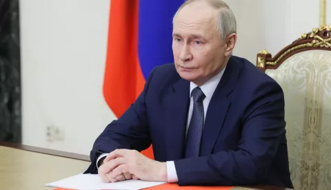epa11978190 Russian President Vladimir Putin chairs a meeting with members of the Security Council of Russia via videoconference at the Kremlin in Moscow, Russia, 21 March 2025. EPA/MIKHAIL METZEL/SPUTNIK/KREMLIN/POOL MANDATORY CREDIT