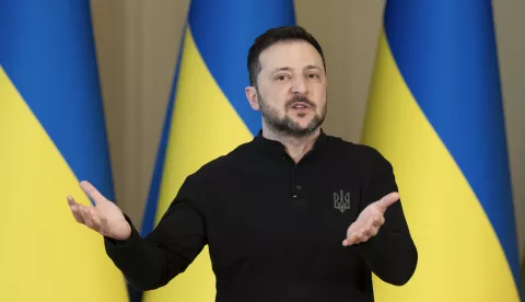 epa11958504 Ukrainian President Volodymyr Zelensky speaks at a press conference in Kyiv, Ukraine, 12 March 2025. President Zelensky informed journalists about the results of the US-Ukrainian talks in Jeddah, Saudi Arabia. EPA/STRINGER