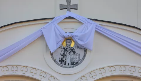 16.10.2022., Vukovar - Patrijarh srpski Porfirije Peric u posjetu Eparhiji Osjeckopoljskoj i baranjskoj. Liturgija, posvecenje hrama i Srpskog doma uz zajednicko sabranje i sluzenje Patrijarha sa vise episkopa i svestenika. Photo: Davor Javorovic/PIXSELL