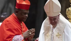 epa12046309 (FILE) - Pope Francis with Archbishop of Kinshasa, Fridolin Ambongo Besungu, during the ordinary public Consistory for the creation of new Cardinals in Saint Peters Basilica at the Vatican, 05 October 2019 (reissued 22 April 2025). The names of potential pope successors (papabili) that have been circulating are: the Cardinal Secretary of State of Vatican City Pietro Parolin, the Archbishop of Bologna Matteo M. Zuppi, the Patriarch of Jerusalem Pierbattista Pizzaballa, Hungarian cardinal Peter Erdo, French prelate Jean-Marc Aveline, Dutch prelate Willem J. Eijk, Filipino prelate Luis Tagle, Congolese prelate Fridolin Ambongo Besungu, and the Brazilian archibishop Leonardo Ulrich Steiner. EPA/CLAUDIO PERI