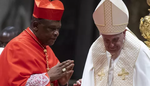 epa12046309 (FILE) - Pope Francis with Archbishop of Kinshasa, Fridolin Ambongo Besungu, during the ordinary public Consistory for the creation of new Cardinals in Saint Peters Basilica at the Vatican, 05 October 2019 (reissued 22 April 2025). The names of potential pope successors (papabili) that have been circulating are: the Cardinal Secretary of State of Vatican City Pietro Parolin, the Archbishop of Bologna Matteo M. Zuppi, the Patriarch of Jerusalem Pierbattista Pizzaballa, Hungarian cardinal Peter Erdo, French prelate Jean-Marc Aveline, Dutch prelate Willem J. Eijk, Filipino prelate Luis Tagle, Congolese prelate Fridolin Ambongo Besungu, and the Brazilian archibishop Leonardo Ulrich Steiner. EPA/CLAUDIO PERI